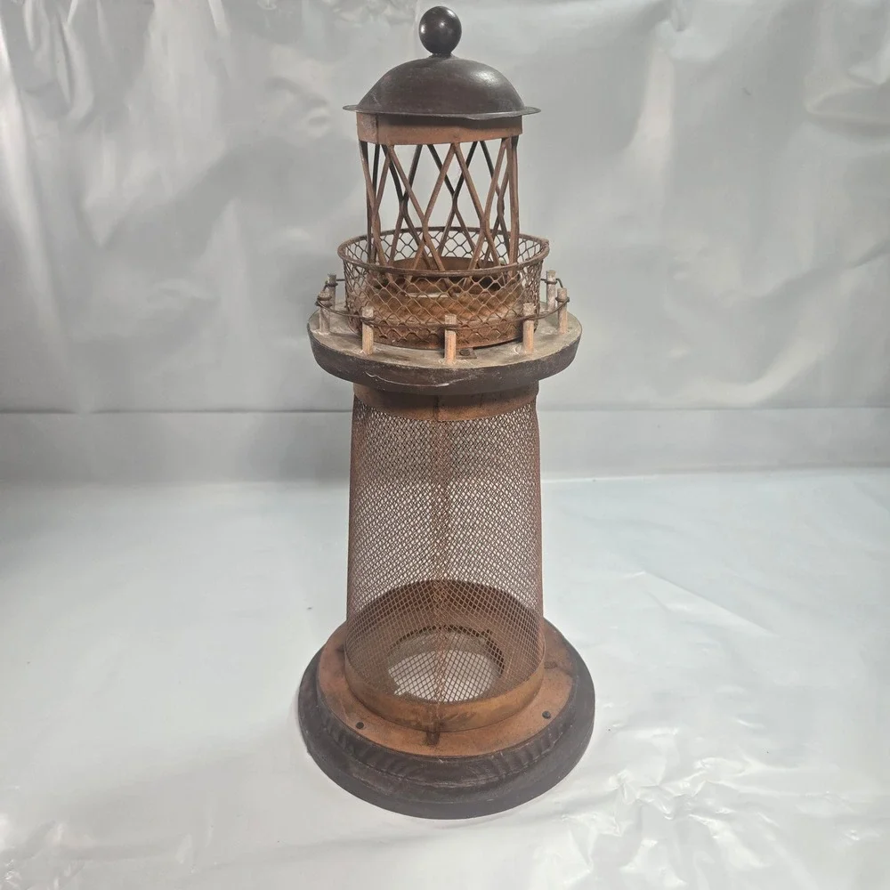 Rustic Wood Metal Lighthouse Decorative Nautical Tea Light Candle Holder Lantern